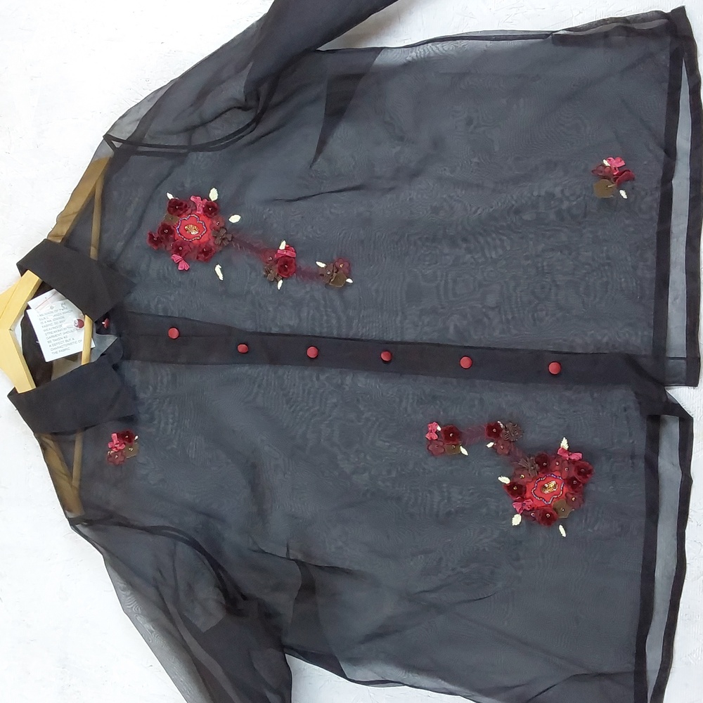Black Silk Sheer Longsleeve Top / Red Floral Accents Button Up Whimsigoth Sz.2X